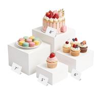 GAESHOW 4 Pack Buffet Risers, Food Display Risers for Party, White Display Stands for Food and Cake, Acrylic Cube Display Box Riser Set for Catering Jewelry Figures Party Cake Show (5"/6"/7"/8")