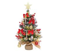 GAESHOW 60cm Pre-lit Artificial Mini Christmas Tree, Tabletop Small Xmas Pine Tree with Lights Christmas Baubles Ball Ornaments, Small Xmas Tree with Top Star, Red Bowknot, Walking Stick, Pine cone
