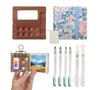 GAESHOW 9 Pcs Portable Watercolor Palette, 8 Grids Pocket Artist Watercolour Travel Set, Mini Watercolour Travel Paint Palette Set with Foldable Wooden Palette, Sketchbook, 6 Brush, Canvas Pocket