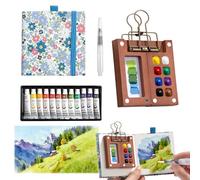 GAESHOW Portable Travel Painting Set, Mini Watercolour Paint Set Travel, Pocket Artist Palette Kit with 8 Grids Mini Wooden Palette, Metal Clip, Paint, Watercolor Pen, Sketchbook