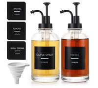 Gaethra 2Pcs Coffee Syrup Dispenser, 500ml/16oz Glass Syrup Bottles with Foldable Silicone Funnel & 18 Waterproof Labels, Black Pump, Matte Finish for Coffee Bar, Kitchen, Maple, Simple Syrups