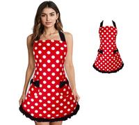 Gaf Nuncew Elegant Long Apron with Backless Design, Polka Dot Pattern, Lace Trim & 2 Pockets for Women, Kitchen Cooking Baking Hostess Outfit (Red)