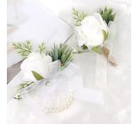 GAFATORY 2Pcs Corsage Wristlet Flower Bracelet and Boutonniere Set Wedding Corsage Kit for Bride Bridesmaid Groom Groomsmen Parents Boutonniere Bracelets for Prom Wedding Party
