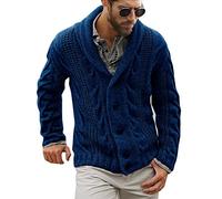 Gafeng Mens Shawl Collar Cable Rib Knitted Button Closure Casual Winter Chunky Thermal Long Sleeve Solid Cardigan Sweater - Blue - Large