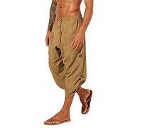 Gafeng Mens Yoga Capri Pants Casual Elastic Waist Drawstring Sports Cotton Linen Boho Harem 3/4 Pants with Pockets, L- Yellow, Small