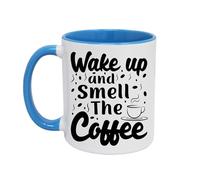 GAFFCO Wake Up and Smell The Coffee - Funny Morning Quote Two-Tone Coffee Mug 11oz - Cute Gifts for Coffee Lovers, Caffeine Addicts & Morning People (Light Blue)