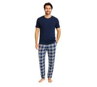 Gaffer Mens Pyjamas Set Trousers Woven Check Lounge Pants Half Sleeve T Shirts Top Blue - Navy M