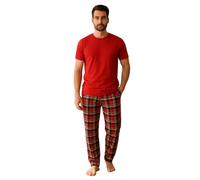 Gaffer Mens Pyjamas Set Trousers Woven Check Lounge Pants Half Sleeve T Shirts Top Red - Red 2XL