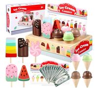 GAGAKU Wooden Ice Cream Set - 26 PCS Pretend Play Toys for Kids 3-8, Ice Cream Shop Role Play with Play Money & Menu, Montessori Learning Toy for Fine Motor Skills, for Girls & Boys