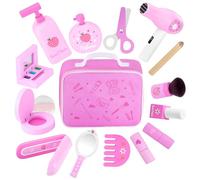 GAGAKU Wooden Makeup Set Kids Pretend Makeup Sets Wooden Toy Kit Montessori Fake Makeup Play Dress Up Kit with Hair Dryer Mirror for Toddler Children Little Girls Perfume Gifts Ages 3 +