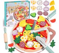 GAGAKU Wooden Pizza Toys Age 3+ for Kids 27Pcs Wood Cooking Toys Cutting Play Food Set for Toddlers Pretend Play Kitchen Accessories Toys for Toddlers Aged 3-8, for Boys and Girls