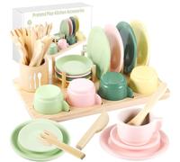 GAGAKU Wooden Play Kitchen Accessories - 25Pcs Montessori Play Dishes Set with Integrated Storage Stand, Bright Color Plates & Bowls, Pretend Cooking Toys for Ages 3-5, Educational Gift for Toddler
