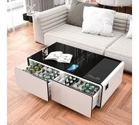 Gagawin Smart Coffee Table with Fridge and Bluetooth, Smart Refrigerator Table with Dual Speakers, 15W Wireless Charger, Touch Control Panel, Outlet Protection, USB Port, Atmosphere Light, White