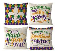 GAGEC Mardi Gras Pillow Covers 18x18 Inch Set of 4 Fleur De Lis Throw Pillow Covers Masquerade Mask Bead Living Room Decorative Pillowcase Cushion Case for Sofa Couch