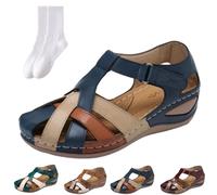 GAGFDA 2024 Comfort Vintage Leather Orthopedic Sandals, Summer Women's Leather Platform Closed Toe Wedge Sandals, Wedge Sandals with Arch Support for Women (Blue,40)