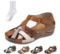 GAGFDA 2024 Comfort Vintage Leather Orthopedic Sandals, Summer Women's Leather Platform Closed Toe Wedge Sandals, Wedge Sandals with Arch Support for Women (Brown,40)
