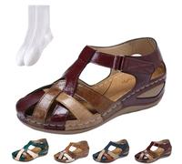 GAGFDA 2024 Comfort Vintage Leather Orthopedic Sandals, Summer Women's Leather Platform Closed Toe Wedge Sandals, Wedge Sandals with Arch Support for Women (Dark Red,42)