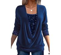 GAGFDA Sequin Loose Smocked Fake Two-Piece Top, Evening Tops Women Long Sleeve V Neck Solid Plus Size Loose Sequin T Shirt,for Party (Blue,M)