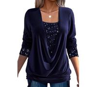 GAGFDA Sequin Loose Smocked Fake Two-Piece Top, Evening Tops Women Long Sleeve V Neck Solid Plus Size Loose Sequin T Shirt,for Party (Navy blue,XL)