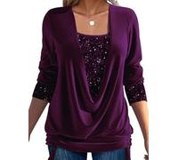 GAGFDA Sequin Loose Smocked Fake Two-Piece Top, Evening Tops Women Long Sleeve V Neck Solid Plus Size Loose Sequin T Shirt,for Party (Purple,2XL)
