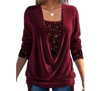 GAGFDA Sequin Loose Smocked Fake Two-Piece Top, Evening Tops Women Long Sleeve V Neck Solid Plus Size Loose Sequin T Shirt,for Party (Red,XL)