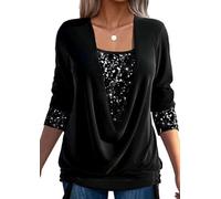 GAGFDA Sequin Loose Smocked Fake Two-Piece Top, Evening Tops Women Long Sleeve V Neck Solid Plus Size Loose Sequin T Shirt,for Party (Black,S)