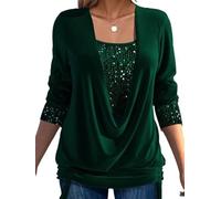 GAGFDA Sequin Loose Smocked Fake Two-Piece Top, Evening Tops Women Long Sleeve V Neck Solid Plus Size Loose Sequin T Shirt,for Party (Green,3XL)