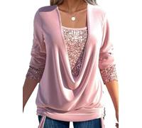 GAGFDA Sequin Loose Smocked Fake Two-Piece Top, Evening Tops Women Long Sleeve V Neck Solid Plus Size Loose Sequin T Shirt,for Party (Pink,L)