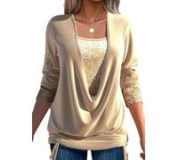 GAGFDA Sequin Loose Smocked Fake Two-Piece Top, Evening Tops Women Long Sleeve V Neck Solid Plus Size Loose Sequin T Shirt,for Party (Gold,L)