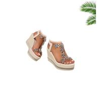 GAGFDA Womens Elegant Rhinestone Flower Wedge Sandals, Ladies Sparkly Platform Sandals Summer Comfortable Open Toe Glitter Slingback Shoes for Wedding Party Evening (Beige,38EU)