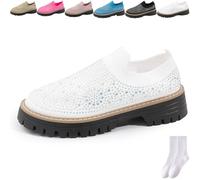 GAGFDA Womens Glitter Rhinestone Slip-On Chunky Loafers, Women's Orthopedic Platform Loafers, Summer Casual Mesh Breathable Sparkly Non-Slip Low Wedge Heel Round Toe Walking Shoes (White,36EU)