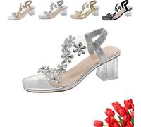 GAGFDA Women's Open Toe Low Block Heels Wedding Shoes for Bride, Ladies Flower Rhinestone Elegant Sparkly Chunky Heeled Sandals for Evening Party, Glitter Dress Shoes (Silver,40EU)