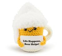 gagift world Beer Gifts, Funny Crochet Beer Mug with Positive Card Fall Gift and Beer Cheers for Birthday White Elephant Christmas