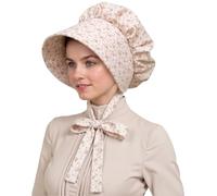 gagift world White Bonnet, Colonial Hat Pioneer Mob Hat Maid Cap with Adjustable Straps, Pink Floral, Large