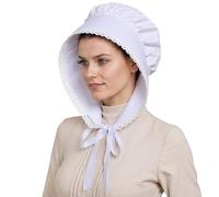 gagift world White Bonnet, Colonial Hat Pioneer Mob Hat Maid Cap with Adjustable Straps, White Lace, Large