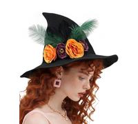 gagift world Witch Hat, Wool Handmade Witches Hat with Flower and Feather for Women Luxury Wizard Hats for Halloween Cosplay Dress Up and Theme Parties