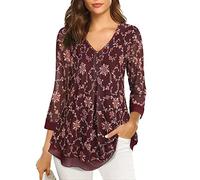 Gaharu Women's Blouse 3/4 Sleeve Floral Tunic Shirt Elegant Double Layer V-Neck Mesh Loose Long Shirt, Blumen-dunkelrot, L