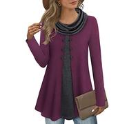 Gaharu Women's Tunic Long Sleeve Elegant Pullover Long Sweatshirt Shawl Collar Patchwork Jumper, Magenta Grey, XL
