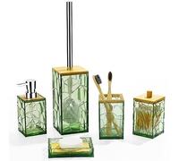 GAHEFY Sage Green Bathroom Accessories Set - Toothbrush Holder, Soap Dispenser, Cotton Swabs Holder, Soap Dish, Toilet Brush, Boho Bamboo Decor, Acrylic (Green)Match