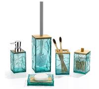 GAHEFY Teal Blue Beach Bathroom Accessories Set, Boho Bamboo Toothbrush Holder, Soap Dispenser, Cotton Swabs Holder, Soap Dish, Toilet Brush, Acrylic (Teal)