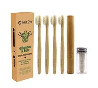 Gaia Guy Bamboo and Boar Bristle Toothbrush (4 Pack) + Travel Case & Silk Dental Floss | 100% Compostable Bristles and Floss | Eco-Friendly Dental Set | Biodegradable & Compostable Wooden Toothbrushes