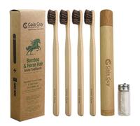 Gaia Guy Bamboo and Horsehair Bristle Toothbrush (4 Pack) + Travel Case & Silk Dental Floss | 100% Compostable Bristles and Floss | Eco-Friendly Dental Set | Biodegradable Wooden Toothbrushes
