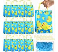 Gaillty 12 Sets Yellow Duck Gift Bag with Clips and Raffia Rubber Duck Party Supplies Plastic Treat Goodie Candy Bags for Waddle It Be Gender Reveal Baby Shower Birthday Party Supplies (Blue)