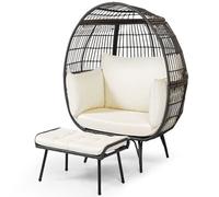 Gainoom 2Pcs Garden Patio Wicker Oversized Egg Chair White Lounge Basket Set W/ Ottoman