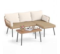 Gainoom 3 Pieces L-Shaped Patio Furniture Set Brown Outdoor Sectional Cushioned Sofa Boho Rattan Outdoor Conversation Set