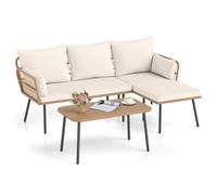Gainoom 3 Pieces L-Shaped Patio Furniture Set White Outdoor Sectional Cushioned Sofa Boho Rattan Outdoor Conversation Set