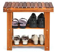 Gainoom 3-Tier Small Acacia Wood Shoe Rack Bench Shoe Organizer
