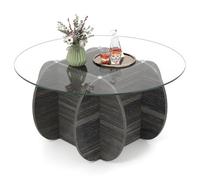 Gainoom 89Cm Round Coffee Table Modern Accent Table With Tempered Glass Top & Solid Wood Base