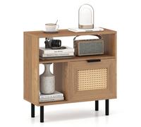 Gainoom Boho Rattan Side End Table Wooden Rustic Accent Bedside Table W/ Open Storage Shelf & Cabinet