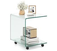 Gainoom C-Shaped End Table Transparent Modern Tempered Glass Side Table Mobile Sofa Table With 4 Swivel Lockable Wheels